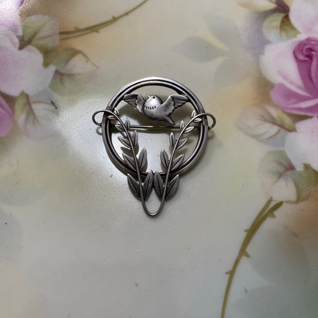 Vintage Georg Jensen Sterling Silver “Dove In Foliage” Brooch By Arno Malinowski